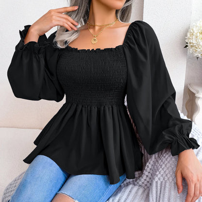 Women Chiffon Blouse 2023 Long Sleeve Casual Ruffles Peplum Top White Red Green Blue Black