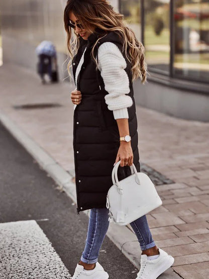 Women Long Waistcoats Warm Winter Sleeveless Hoodie Tie Collar Button Loose Overcoats Female Solid Vests BYFS-BK4567