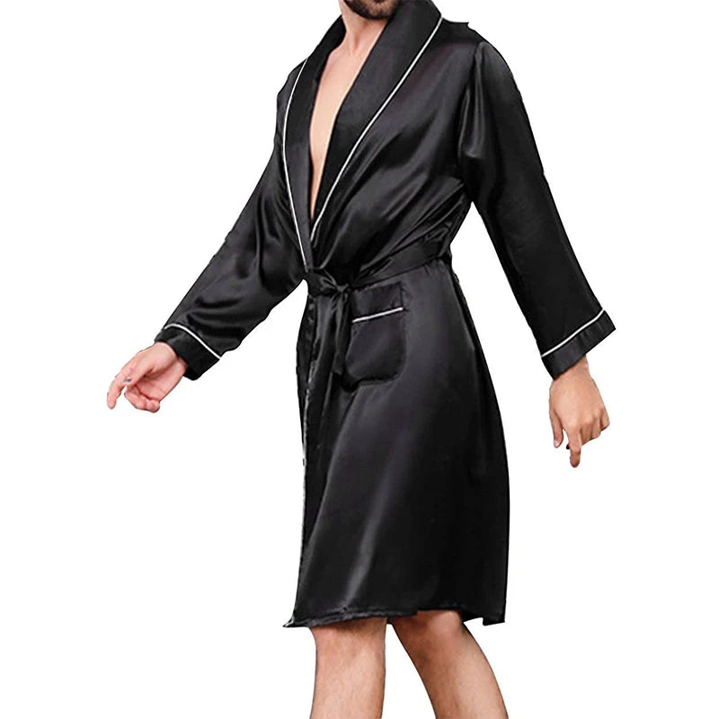 Mens Satin Bathrobe with Belt Long Sleeve V-neck Night Robe Sleepwear Soft Loungewear with Pockets