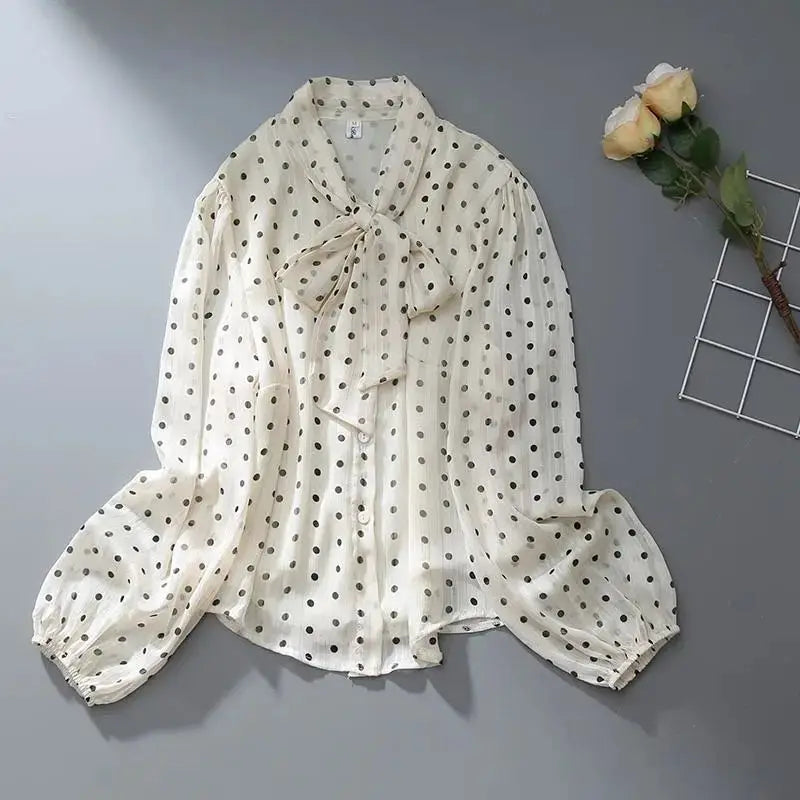 Beige Polka Dot Bow Neck Elegant Chiffon Long Sleeve Loose Women&