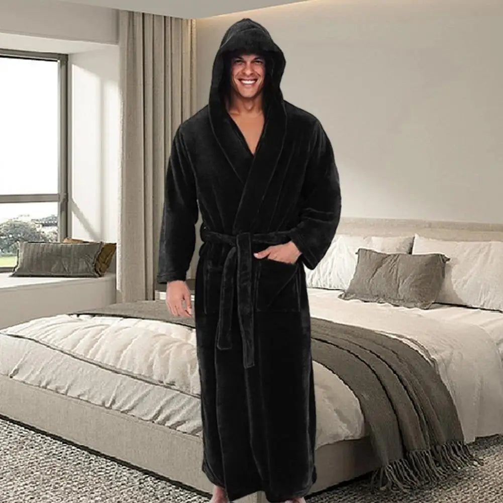 Men Hooded Bathrobe Flannel Robe Long Bath Robe Home Gown Sleepwear Soft Fluffy Hooded Bathrobe Quick Dry Lounging Bathrobe