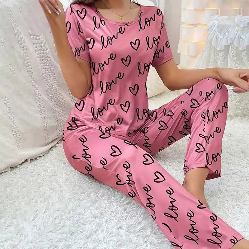 Summer Pijama Women Letter Print Pajamas Set Short Sleeve Crew Neck Tops Elastic Waistband Pants Women&