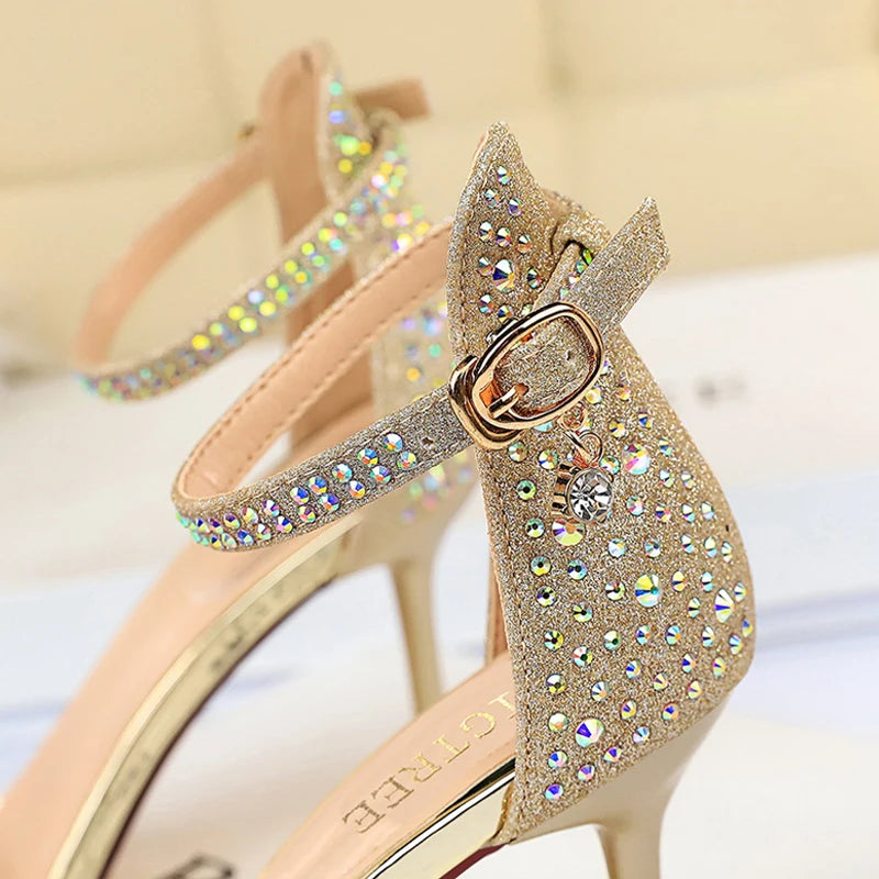 BIGTREE Shoes Rhinestone High Heels Women Pumps Sexy Kitten Heels Party Shoes Open Toe Women Sandals Heel Stiletto Wedding Shoes