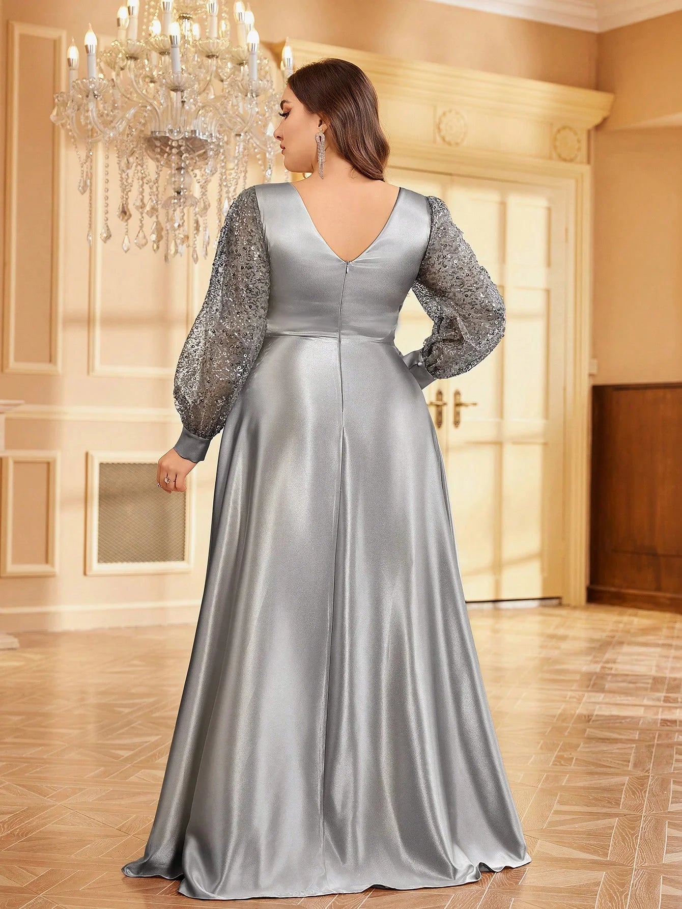 Lucyinlove Plus Size Luxury Green V-Neck Sequin Evening Dress Elegant Women Party Maxi Dress Long Sleeve Cocktail Dress Prom