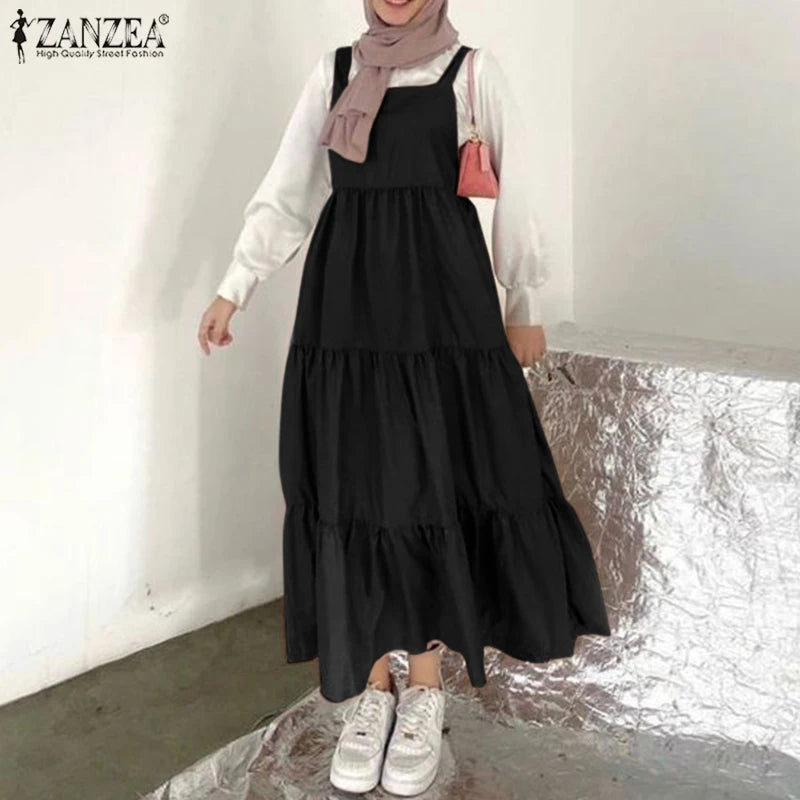 2023 ZANZEA Elegant Muslim Women Straps Dress Turkey Abaya Hijab Maxi Long Dresses Autumn Solid Ruffles Vestidos Sundress Robes