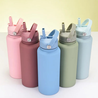 1L WATER BOTTLE Sports Double Thickened Stainless Steel Large Capacity American Large Mouth Portable Handle Straw Thermos CUP