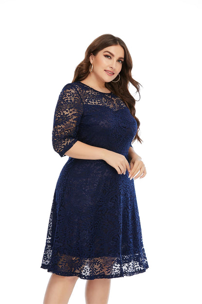 Plus Size Contrast Lace Semi Sheer 3/4 Sleeve Midi Dress, Women&