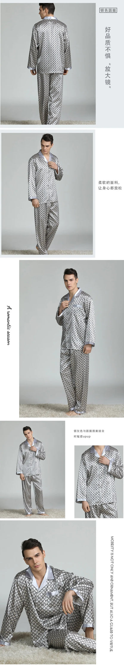 High Quality Satin Pajamas Suit Men Spring Summer Printed Ice Silk Pyjamas  Long Sleeve Plus Size Home Clothes Sleepwear Male