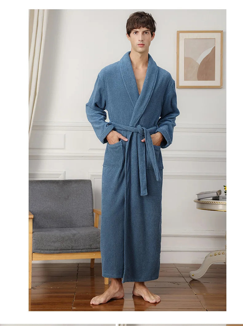 100% Cotton Toweling Terry Extra long Extra thick Robe blue Bath Robe Women Nightrobe Sleepwear Casual Home Bathrobe халат