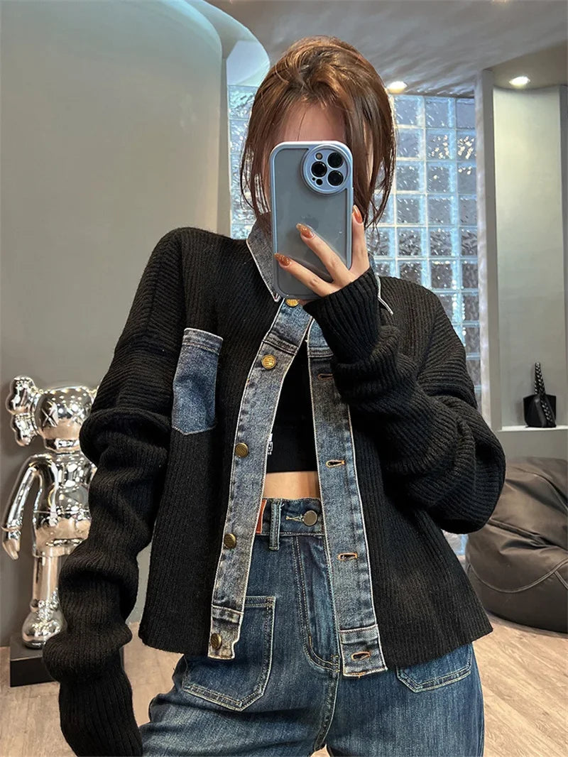 Women Denim Stitching Sweater Jacket Autumn 2023 New Fashion Loose Short Knitted Cardigan Lady Coats Casual Denim Jacket Women