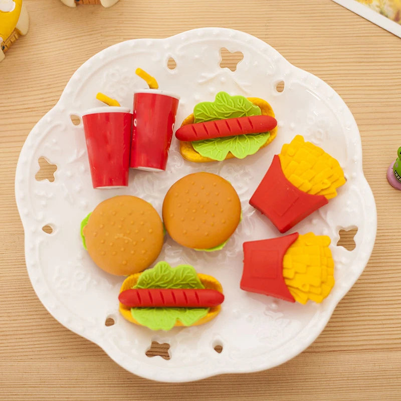 4 pcs/pack Kawaii Rubber Hot dog Cake Hamburger Food Drink cola Eraser For Kids Novelty Stationery Kid Gift Toy Cute