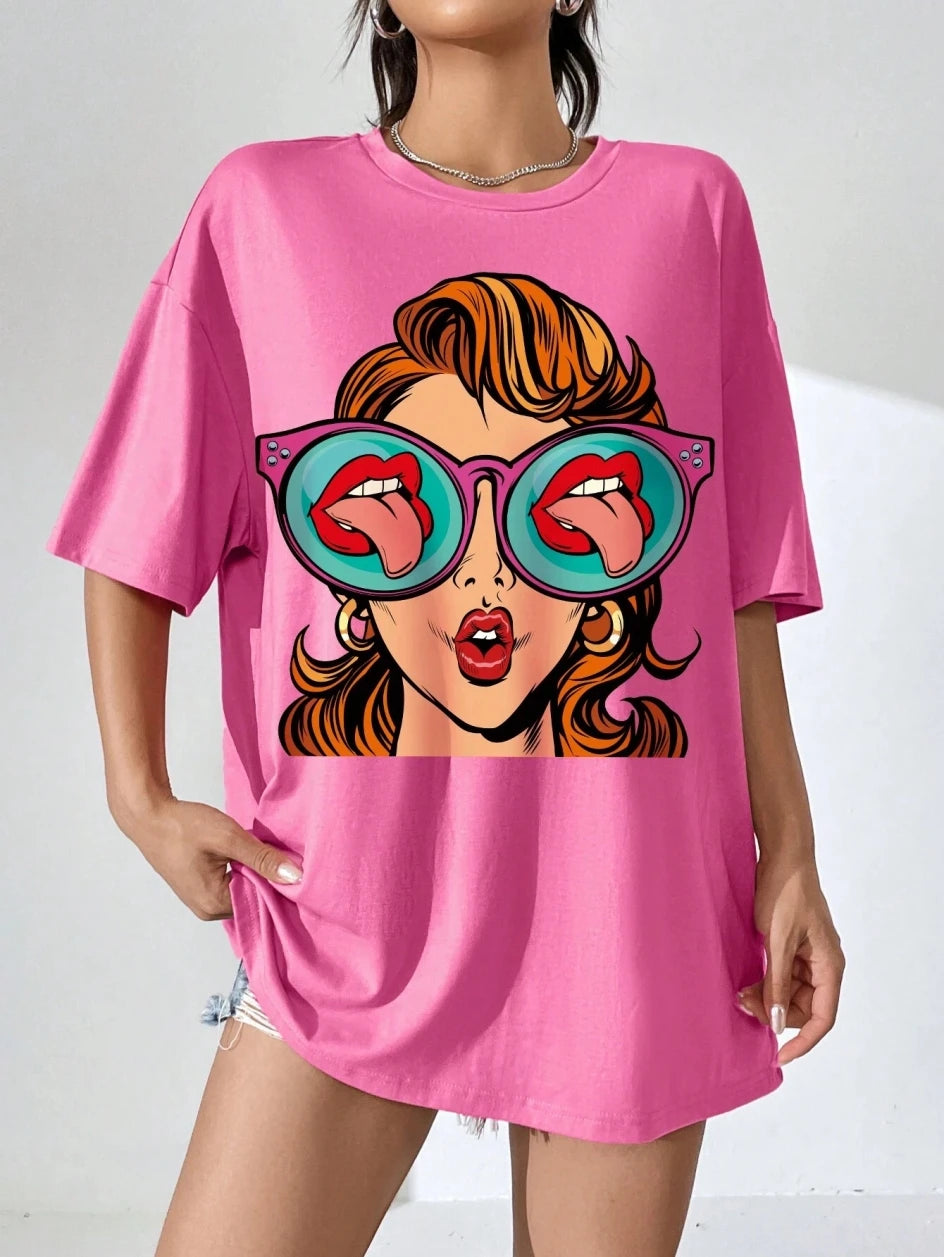 Cartoon Pattern Printed Cotton Women T-Shirts Casual O-Neck Breathable Soft Short Sleeve Tops Loose Comfortable Street Clothes