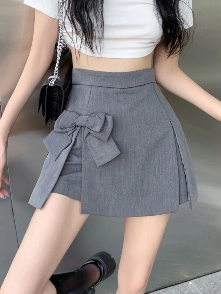 Zoki Cute Bow Women Sexy Pleated Skirt Janpan Sweet High Waist Student A Line Mini Skirt Summer Zipper Female Solid Color Skirt