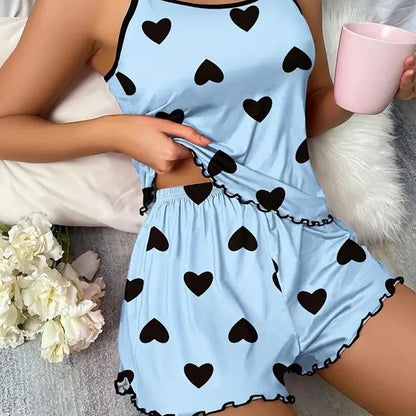 AOTVOTEE Elegant Sexy Casual Printed Shorts 2 Piece Set Nightgown Cosplay Sexy Pajama Summer Suspender Home Shorts Pajama Set