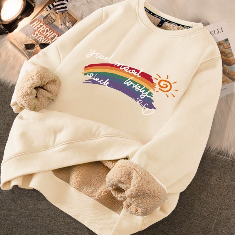 EVNISI Autumn Winter Women Lambswool Thicken Thermal Sweatshirts Printed Cute Fleece Warm Hoodies Women Casual Loose Sweatshirts