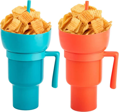 2In1 Snack Bowl Drink Cup with Straw Stadium Tumbler Water Bottle Straw Splash Proof Leakproof Portable Adults Kids Cinema Trip