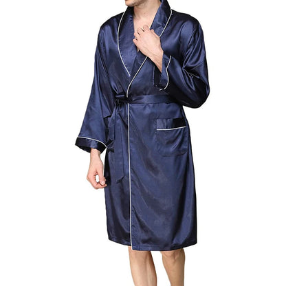 Mens Satin Bathrobe with Belt Long Sleeve V-neck Night Robe Sleepwear Soft Loungewear with Pockets