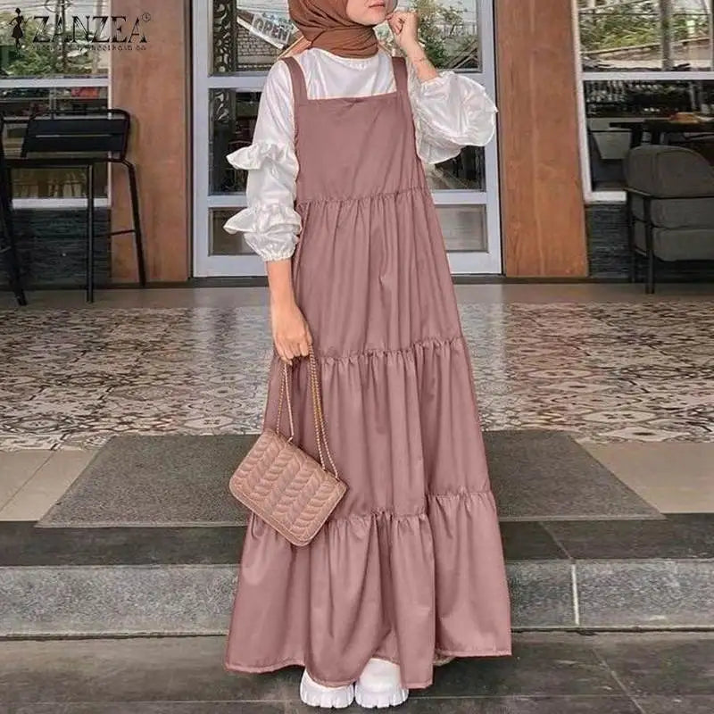 2023 ZANZEA Elegant Muslim Women Straps Dress Turkey Abaya Hijab Maxi Long Dresses Autumn Solid Ruffles Vestidos Sundress Robes