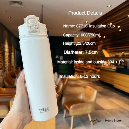 Tyeso Thermos Cup with Straw 600/750ml Stainless Steel Thermal Bottle Cover Insulation Straight Cup Flask Water Tumbler Mug