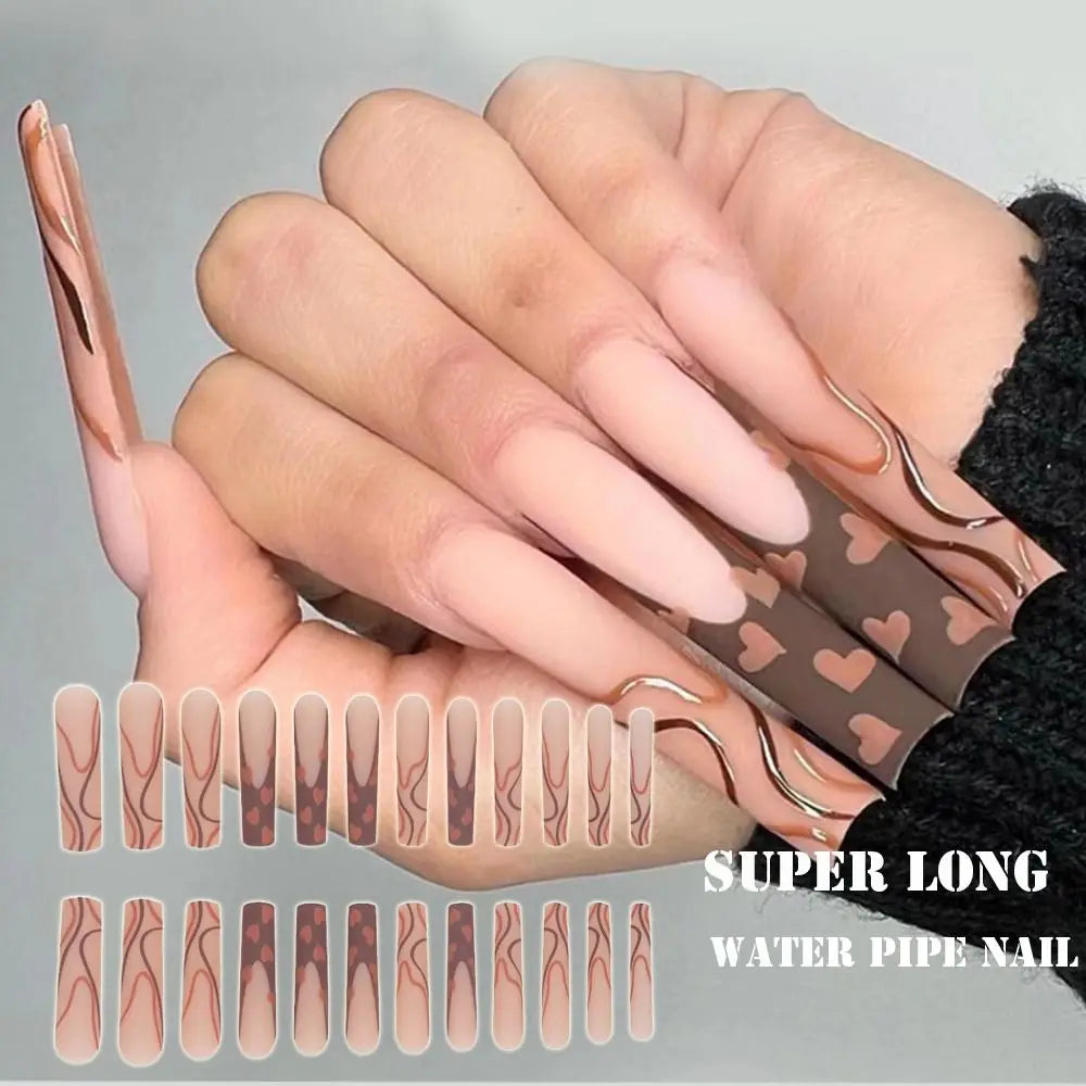 24pcs Super Long Water Pipe Nail French Fake Nails Brown Wavy Love Heart False Nails Sweet Heart Press on Nails