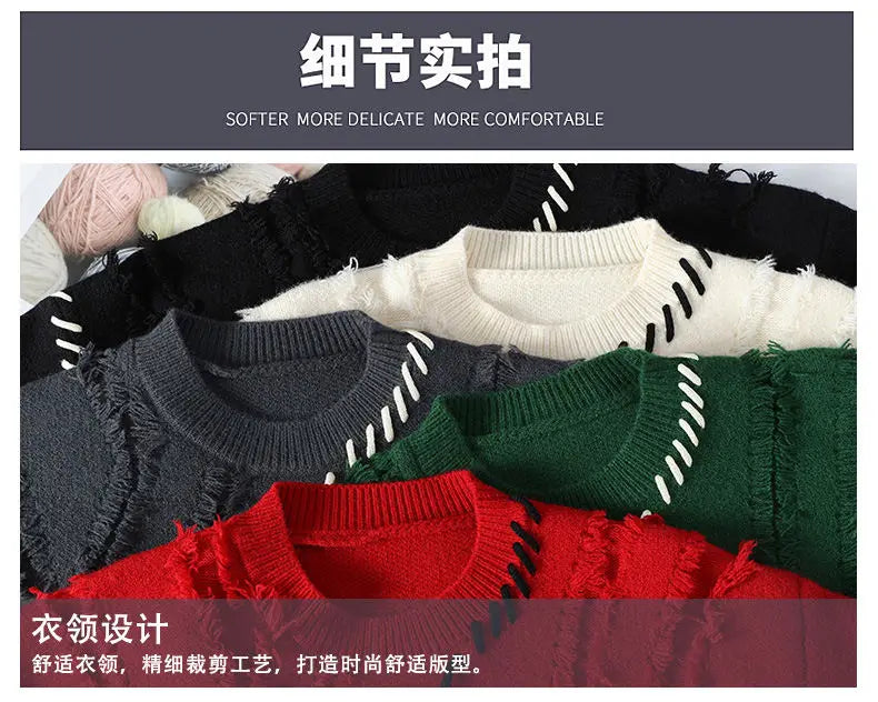 Autumn Winter Warm Mens Knitted Sweaters Fashion Patchwork O Neck Knit Pullovers Korean Streetwear Pullover Casual Mens Clothing