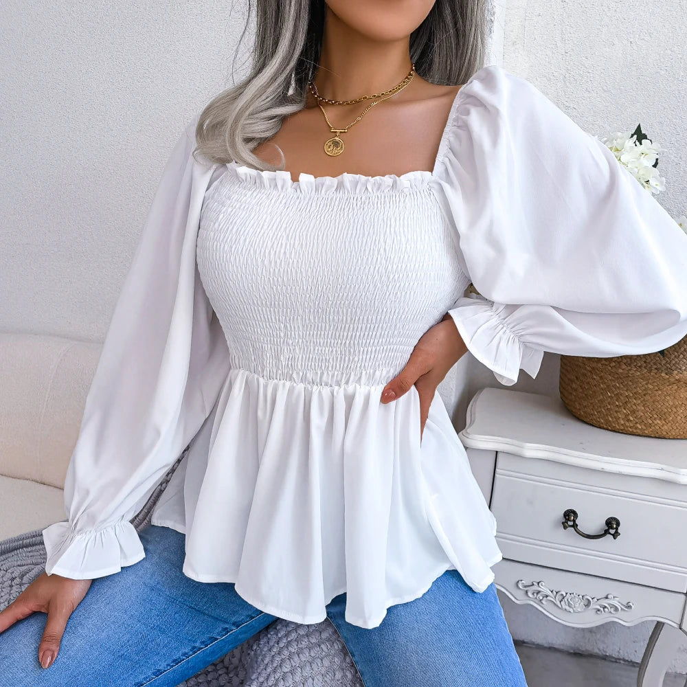 Women Chiffon Blouse 2023 Long Sleeve Casual Ruffles Peplum Top White Red Green Blue Black