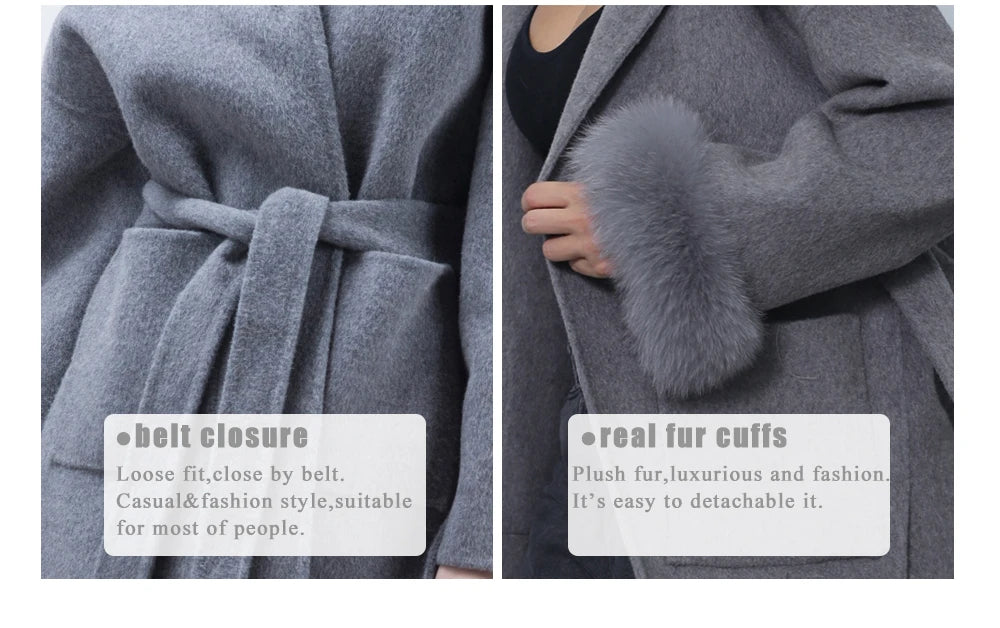 MISSJANEFUR Wool Coat with Real Fox Fur Collar Cuff Women 2023 Fashion Belted Cashmere Coats Warm Winter Hooded Trench Peacoat