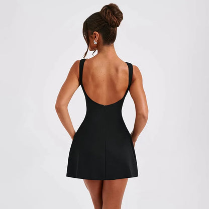 TARUXY Sexy Backless Mini Vest Dress For Women Sleeveless Solid High Waist Slim Elegant Solid Female Beach Club Party Dresses