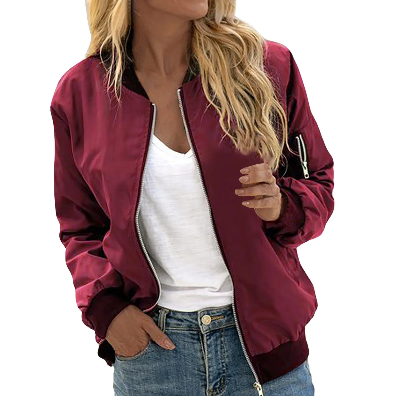 Women Thin Jackets Fashion Solid Bomber Jacket Autumn Long Sleeve Slim Coat Casual Windbreaker Stand Collar Zip Up Jacket