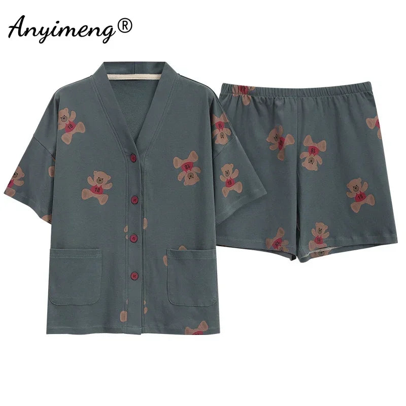 5XL Summer Plus Size Kimono Cardigan Women Pajama Knitted Cotton Nightwear Cute Printing Sleepwear Leisure Loungewear Casual Pjs