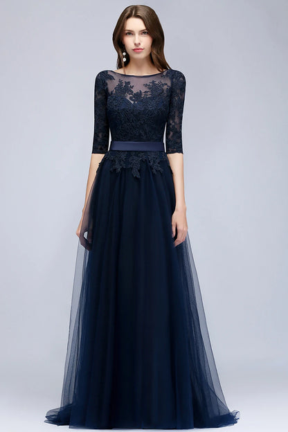 Lace Scoop Neckline Evening Dresses Elegant Half Sleeve Appliques Tulle Formal Party Floor-length Backless With Belt Robe De