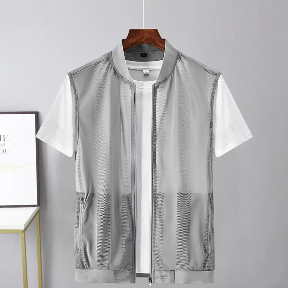 Soft Vest Tops Baseball Collar Summer Mesh Waistcoat Outerwear Chic Summer Men Mesh Hollow Waistcoat Streetwear