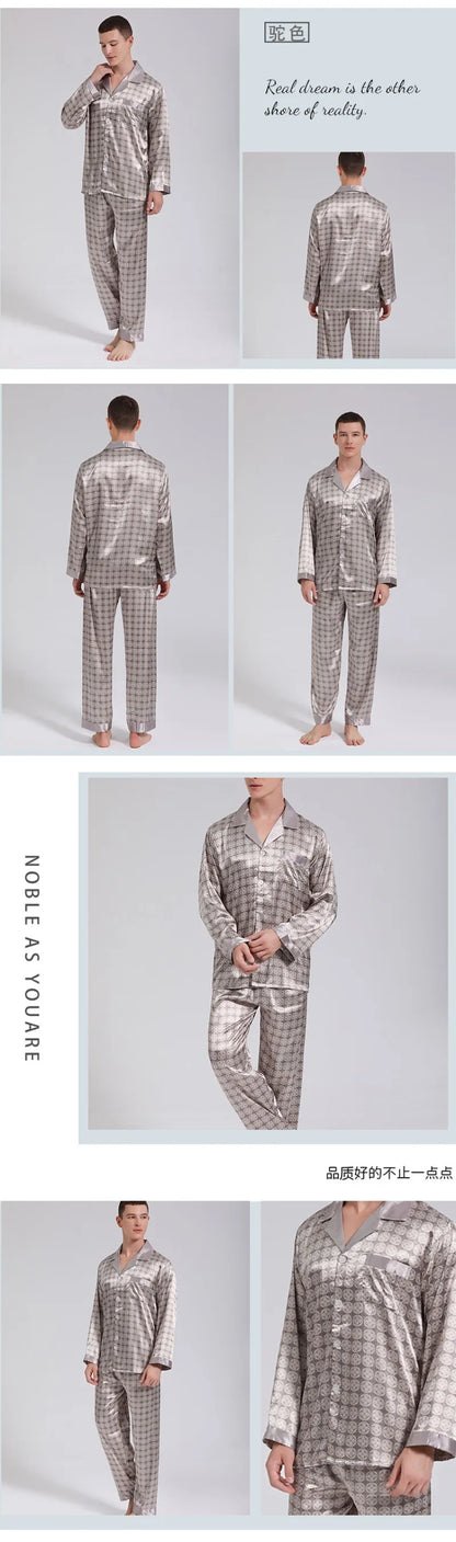 High Quality Satin Pajamas Suit Men Spring Summer Printed Ice Silk Pyjamas  Long Sleeve Plus Size Home Clothes Sleepwear Male