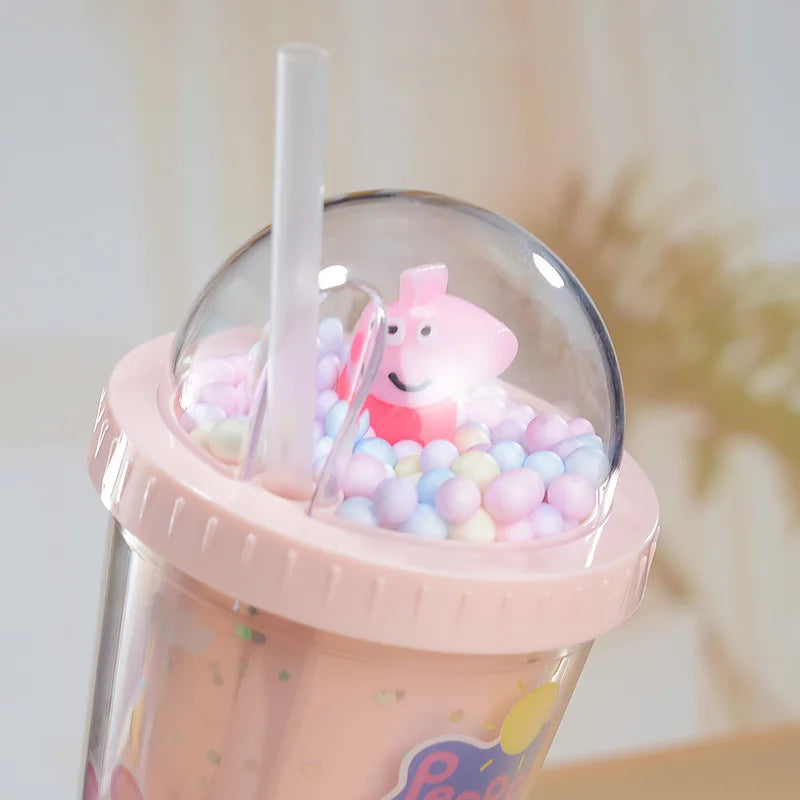 Anime Figures Peppa Pig Water Bottle Double-Layer Plastic Cup with Straw Portable Sports Mug Girl Birthday Party Decoration Kids