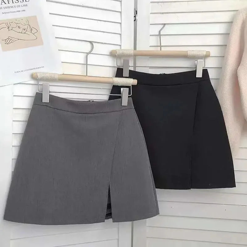 Lucyever Black Gray Women Skirts A-Line Korean Style High Waist Split Mini Skirt Woman Simple Casual Office Shorts Skirts Female