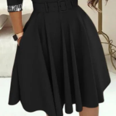 Dress for Women Streetwear 2023 Autumn and Winter Elegant Waist Wrapped Mid Long Sleeve Solid V-Neck Fashion Dresses with Belt