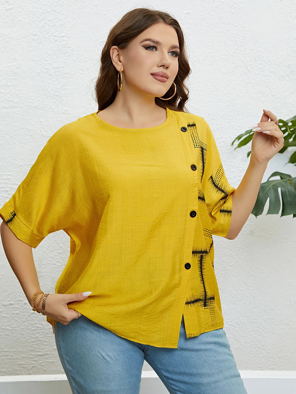 GIBSIE Plus Size Casual Print Button Front Women T Shirt 2024 New Summer Korean Fashion Half Sleeve Ladies O-Neck T-Shirts Tops