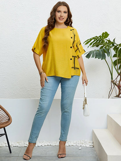 GIBSIE Plus Size Casual Print Button Front Women T Shirt 2024 New Summer Korean Fashion Half Sleeve Ladies O-Neck T-Shirts Tops