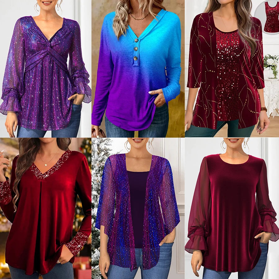 Plus Size Purple Sparkly Glitter Fabric Twist Knot Lantern Long Sleeve Elastic Cuff Tunic Blouse V-neck Tops