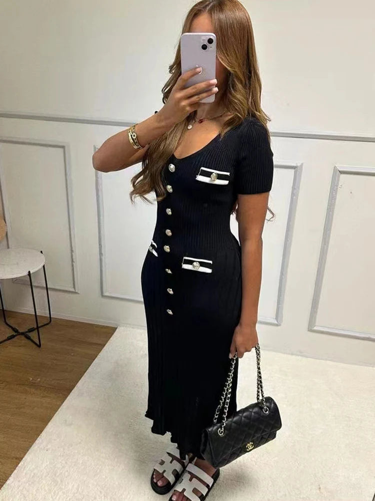 Elegant V Neck Knitted Long Dress Women Summer Fashion Short Sleeve Buttons Bodycon Dresses Office Lady Pockets Fashion Robes