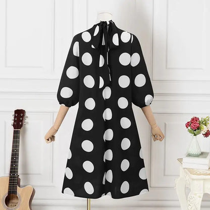 Plus Size VONDA Elegant Midi Dress 2023 Women Bohemian Dot Point Printed Dress Casual 3/4 Sleeve Stand Collar Bandage Robe