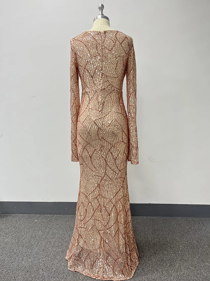 Women V-Neck Long Sleeved Luxuriant Rose Gold Formal Party Dress Mermaid Sparkling Sequins Long Evening Dress 2023 NEW