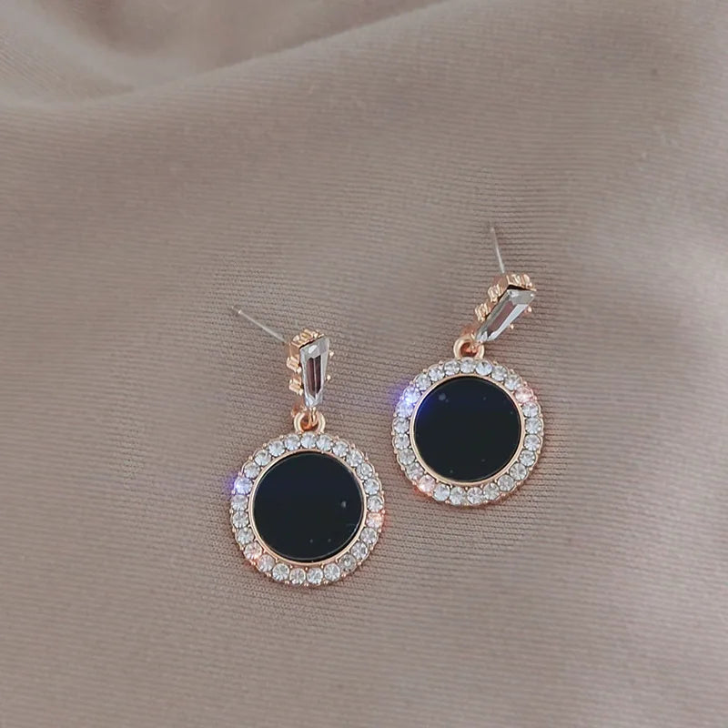 Korean Trendy Rhinestone Heart Round Square Drop Earrings for Women Black Color Geometric Dangle Earrings Wedding Jewelry