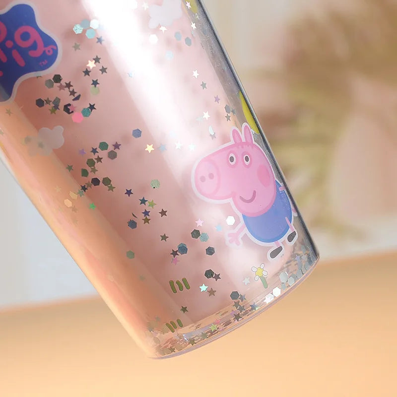 Anime Figures Peppa Pig Water Bottle Double-Layer Plastic Cup with Straw Portable Sports Mug Girl Birthday Party Decoration Kids