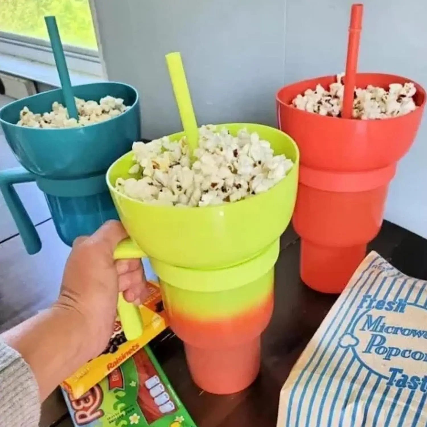 2In1 Snack Bowl Drink Cup with Straw Stadium Tumbler Water Bottle Straw Splash Proof Leakproof Portable Adults Kids Cinema Trip