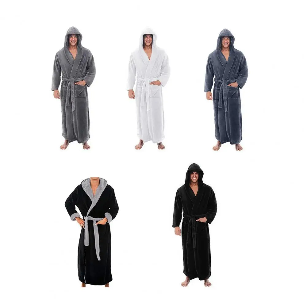 Men Hooded Bathrobe Flannel Robe Long Bath Robe Home Gown Sleepwear Soft Fluffy Hooded Bathrobe Quick Dry Lounging Bathrobe