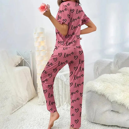 Summer Pijama Women Letter Print Pajamas Set Short Sleeve Crew Neck Tops Elastic Waistband Pants Women&