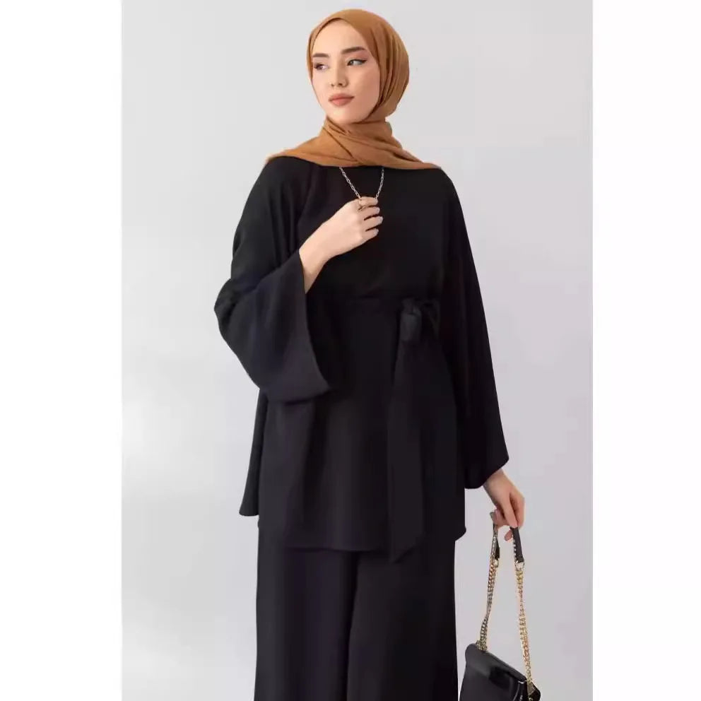 Eid Muslim Two Piece Set Islam Women Lace Up Shirt Wide Leg Pants Suits Ramadan Turkey Outfits Modest Morocco Abayas Ensembles