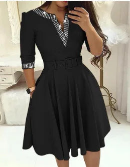 Dress for Women Streetwear 2023 Autumn and Winter Elegant Waist Wrapped Mid Long Sleeve Solid V-Neck Fashion Dresses with Belt