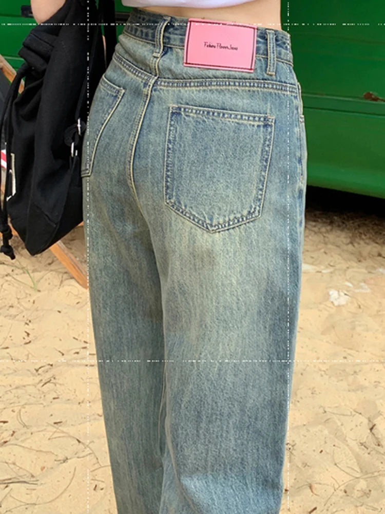 Female High Waist Loose Wide Leg Jeans Lady Non Strech Straight Leg Pants Girls White Light Blue Deep Blue Korean Denim Trousers